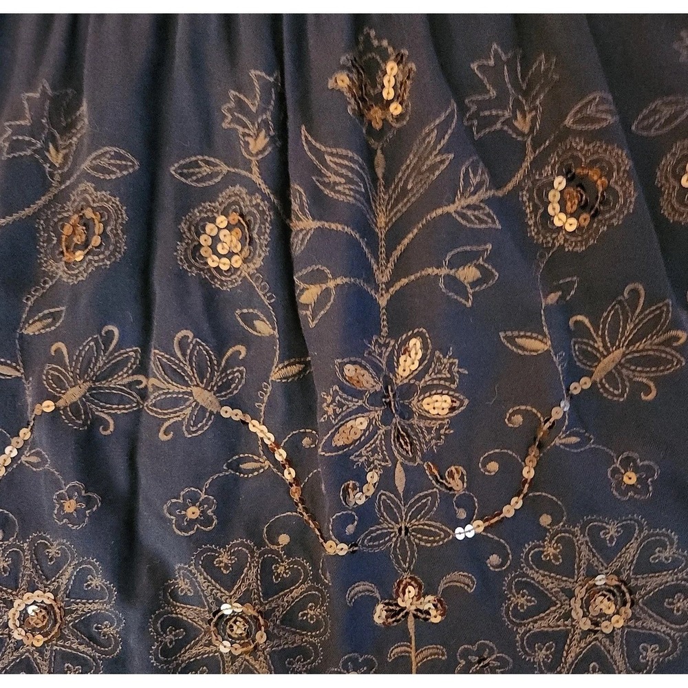 Coldwater Creek Midi Skirt Size XL Blue Floral Embroidered Sequin Boho Peasant